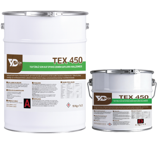 Textürlü Son Kat Epoksi Zemin Kaplama, YD Tech TEX 450,Solvent içermeyen, iki komponentli, portakal kabuğu görünümlü son kat epoksi kaplama malzemesidir.